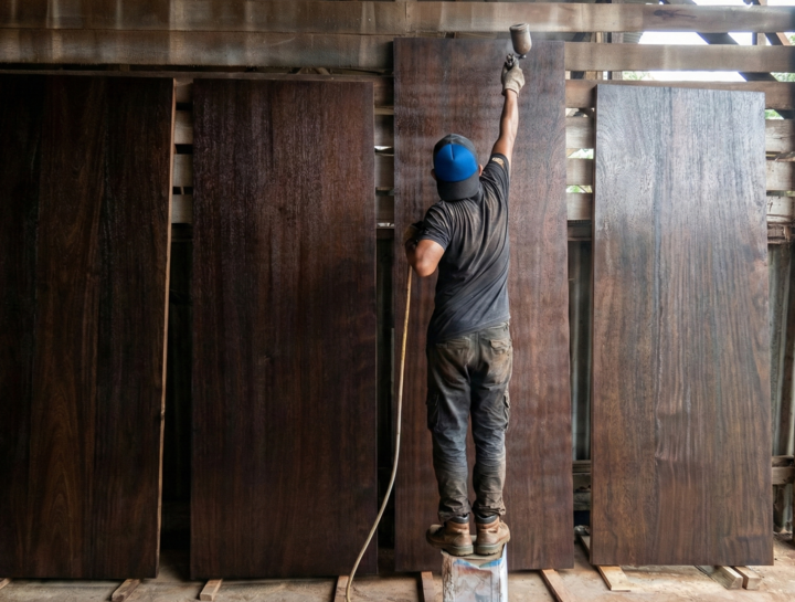 Tahapan Finishing Melamik Pintu Kayu - PK Tunas Kayu Proses finishing cat melamik pintu kayu jati di workshop PK Tunas Kayu untuk hasil gloss premium yang tahan lama.