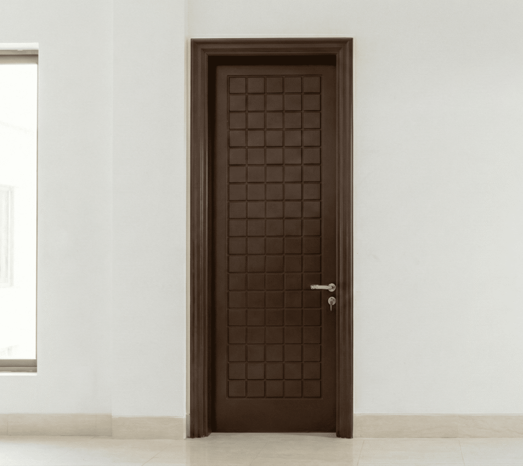 Jual Pintu Kayu Merbau Solid Jakarta - PK Tunas Kayu Pintu kayu solid Merbau oven Jakarta dengan serat lurus kemerahan yang mewah untuk pintu utama rumah minimalis