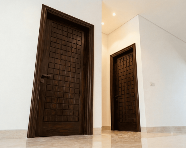 Jual Pintu Kayu Merbau Solid Jakarta - PK Tunas Kayu Pintu kayu solid Merbau oven Jakarta dengan serat lurus kemerahan yang mewah untuk pintu utama rumah minimalis
